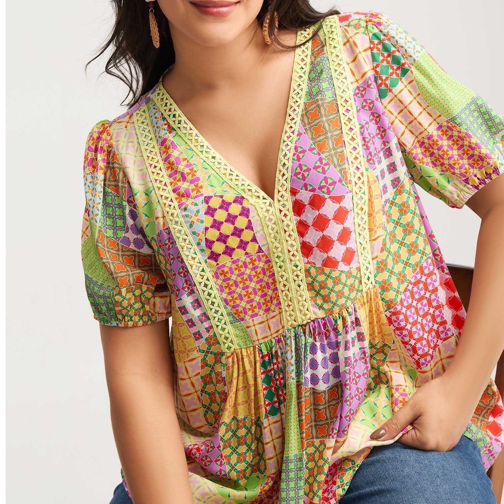 BloomChic Patchwork Babydoll Top V-Neck Crochet Lace Boho Blouse Multi 14-16 dd